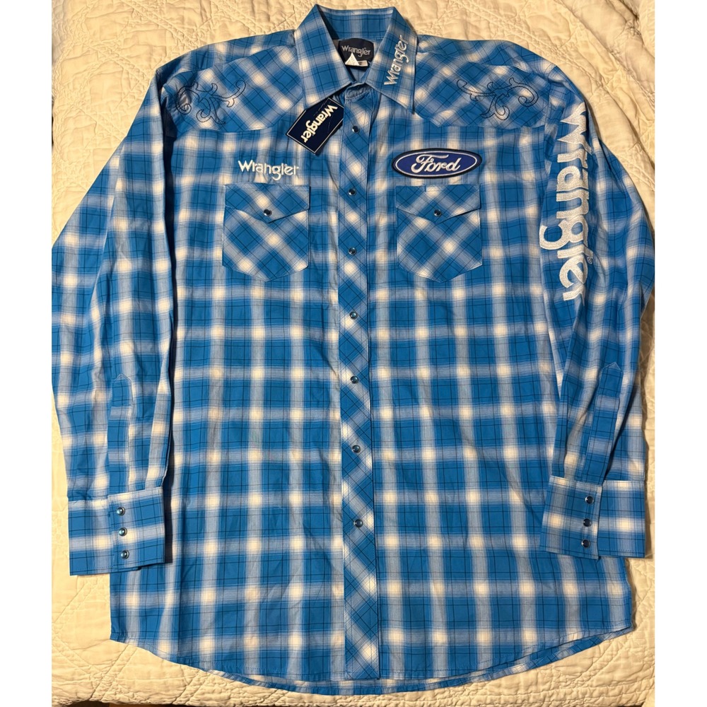 Wrangler Ford Logo Western pearl Snap Shirt Mens Large tall Blue Plaid New
